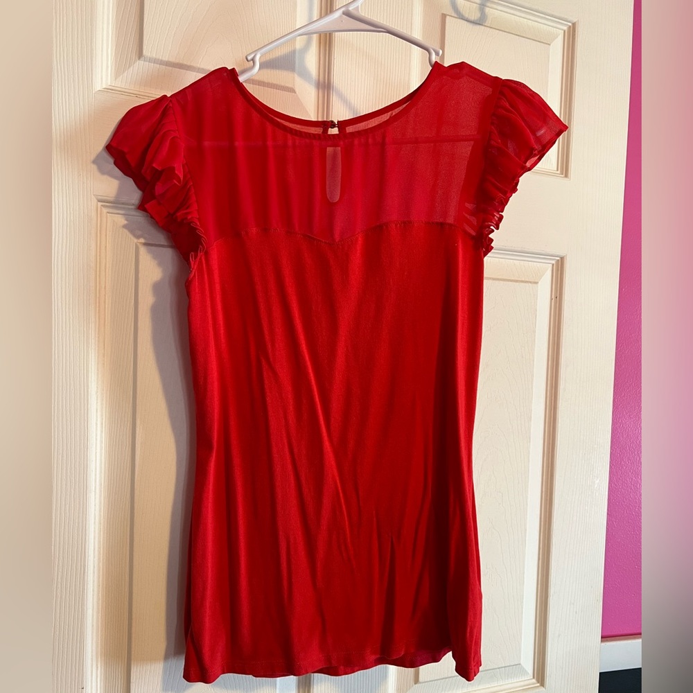 Express Red Flutter Sleeve Mesh Blouse. S